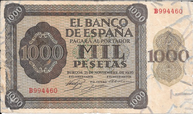 Billetes - EspaÃ±a - Estado EspaÃ±ol (1936 - 1975) - 1000 ptas - 509 - MBC- - 1936 - num ref:B994460 - Click en la imagen para cerrar