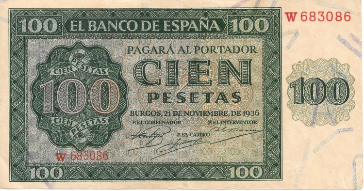 Billetes - EspaÃ±a - Estado EspaÃ±ol (1936 - 1975) - 100 ptas - 484 - MBC+ - 1936 - num ref:W683086 - Click en la imagen para cerrar