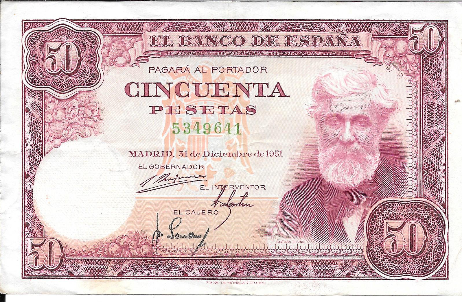 Billetes - EspaÃ±a - Estado EspaÃ±ol (1936 - 1975) - 50 ptas - 482 - mbc - 1951 - Num.ref: 5349641 - sin serie