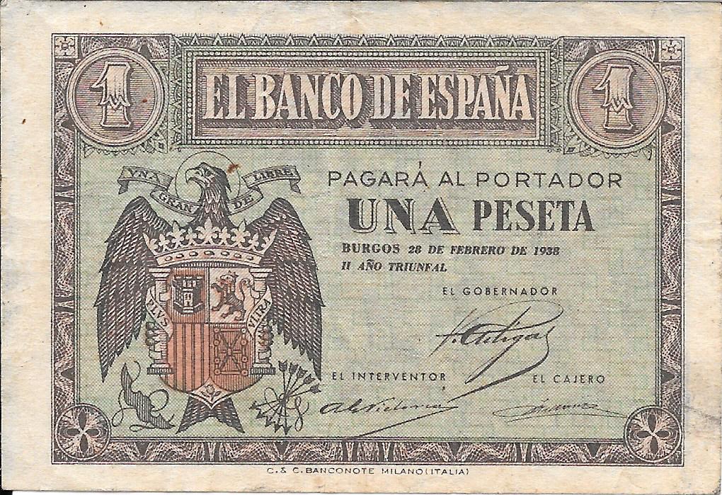 Billetes - EspaÃ±a - Estado EspaÃ±ol (1936 - 1975) - 1 ptas - 432 - mbc - 1938 - Num.ref: G1010927