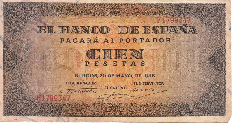 Billetes - EspaÃ±a - Estado EspaÃ±ol (1936 - 1975) - 100 ptas - 485 - MBC- - 1938 - num ref:F1799347 - Click en la imagen para cerrar