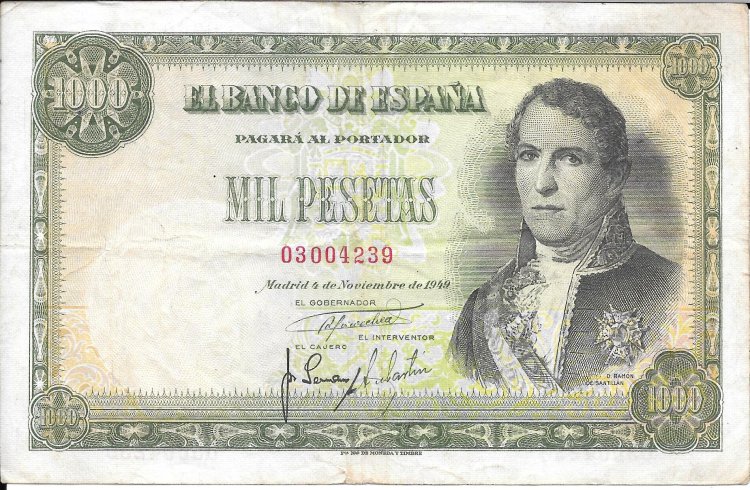 Billetes - EspaÃ±a - Estado EspaÃ±ol (1936 - 1975) - 1000 ptas - 514 - mbc- - 1949 - Num.ref: 03004239 - Click en la imagen para cerrar