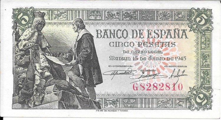 Billetes - EspaÃ±a - Estado EspaÃ±ol (1936 - 1975) - 5 ptas - 461 - sc - 1945 - G8282810 - Click en la imagen para cerrar