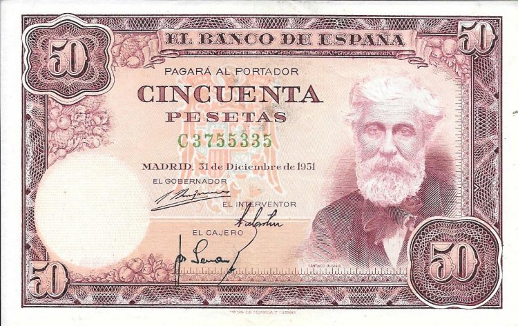 Billetes - EspaÃ±a - Estado EspaÃ±ol (1936 - 1975) - 50 ptas - 483 - ebc - 1951 - num. ref: C3755335 - Click en la imagen para cerrar