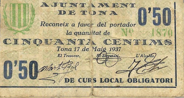 Billetes - EspaÃ±a - II RepÃºblica (1931 - 1939) - Locales - CataluÃ±a - 2500 - 1937 - Tona - 50 centimos - Click en la imagen para cerrar