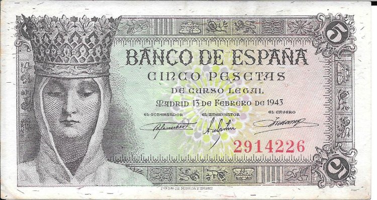 Billetes - EspaÃ±a - Estado EspaÃ±ol (1936 - 1975) - 5 ptas - 458 - ebC - 1943 - 2914225 - sin serie - Click en la imagen para cerrar