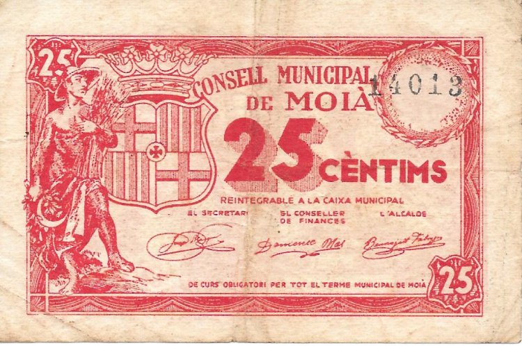 Billetes - España - II República (1931 - 1939) - Locales - Cataluña - BC+ - Año 1937 - Moià - 25 Ct - num ref: 14013 - Click en la imagen para cerrar