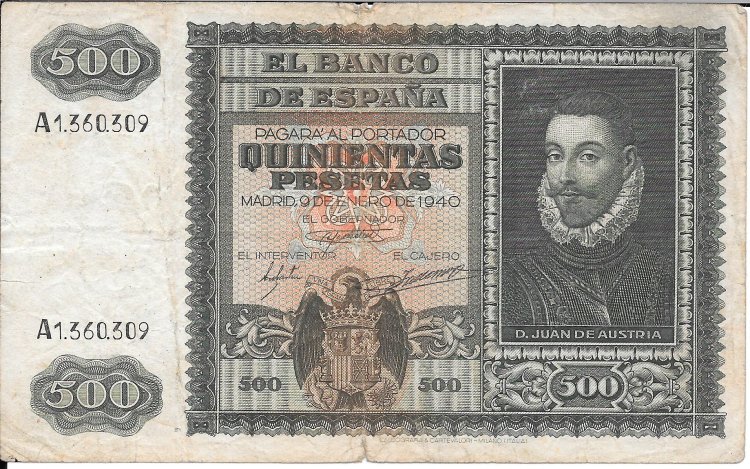 Billetes - EspaÃ±a - Estado EspaÃ±ol (1936 - 1975) - 500 ptas - 500 - MBC- - 1940 - num ref:A1360309 - Click en la imagen para cerrar