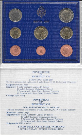 Monedas - Euros - Estuches Oficiales - Vaticano - Año 2007 - Benedicto XVI - Colección anual 8 monedas - Click en la imagen para cerrar