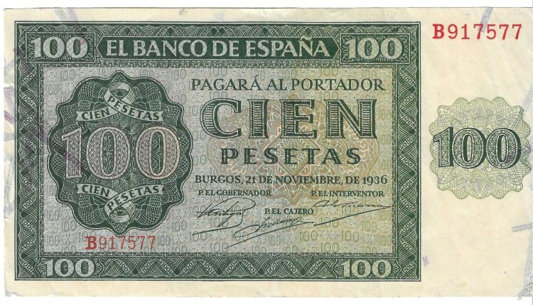 Billetes - EspaÃ±a - Estado EspaÃ±ol (1936 - 1975) - 100 ptas - 464 - MBC - 1936 - Num.ref: B917577 - Click en la imagen para cerrar