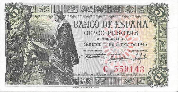 Billetes - España - Estado Español (1936 - 1975) - 5 ptas - 461 - S/C - Año 1945 - num ref: C559143 - Click en la imagen para cerrar