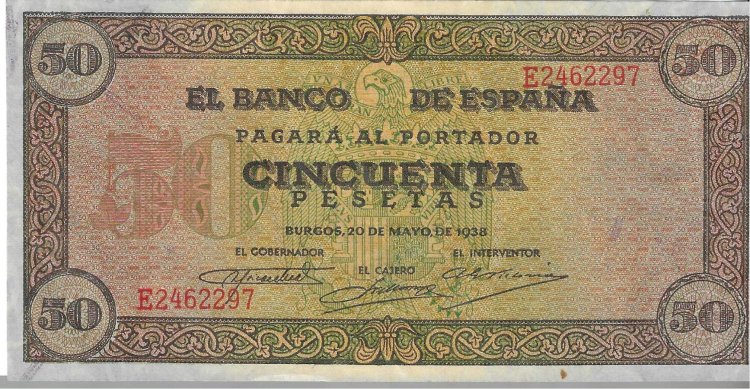 Billetes - EspaÃ±a - Estado EspaÃ±ol (1936 - 1975) - 50 ptas - 480 - EBC - 1938 - Num.ref: E2462297 - Click en la imagen para cerrar