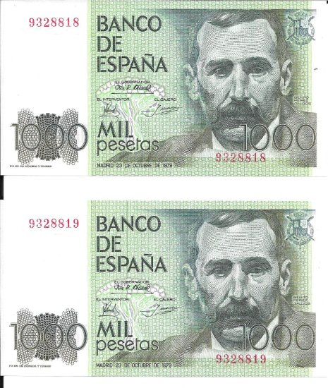 Billetes - EspaÃ±a - Juan Carlos I (1975 - 2014) - 1000 ptas - 523 - sc - 1979 - 1000 ptas - Sin serie - Pareja correlativa - num. ref: 9328818/9328819 - Click en la imagen para cerrar