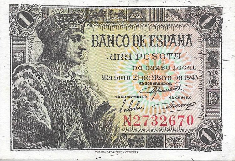 Billetes - EspaÃ±a - Estado EspaÃ±ol (1936 - 1975) - 1 ptas - 439 - EBC - 1943 - num ref:N2732670 - Click en la imagen para cerrar
