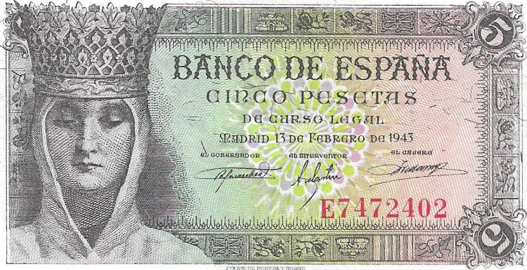 Billetes - EspaÃ±a - Estado EspaÃ±ol (1936 - 1975) - 5 ptas - 459 - SC - 1943 - E7472402 - Click en la imagen para cerrar