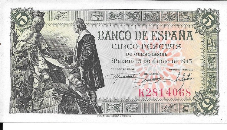 Billetes - EspaÃ±a - Estado EspaÃ±ol (1936 - 1975) - 5 ptas - 461 - sc - 1945 - Num.ref: KZ814068 - Click en la imagen para cerrar