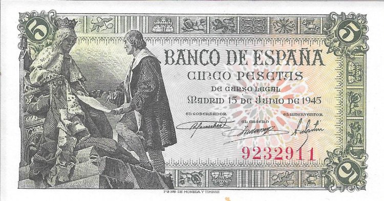 Billetes - EspaÃ±a - Estado EspaÃ±ol (1936 - 1975) - 5 ptas - 460 - SC - 1945 - 9232911 - sin serie - Click en la imagen para cerrar