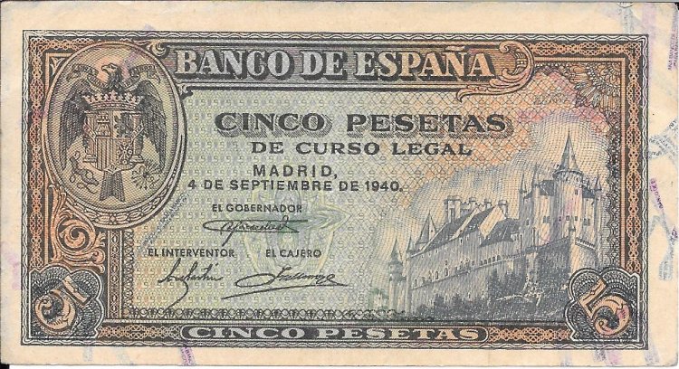 Billetes - EspaÃ±a - Estado EspaÃ±ol (1936 - 1975) - 5 ptas - 456 - mbc+ - 1940 - 5 pesetas - Num.ref: G2603179 - Click en la imagen para cerrar