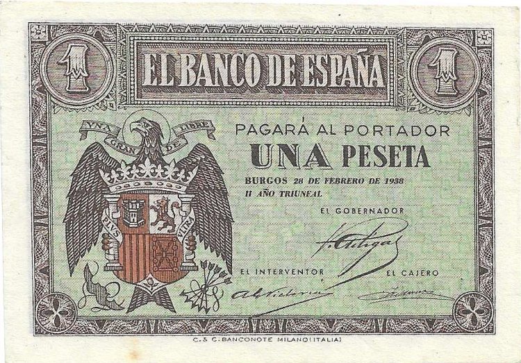 Billetes - EspaÃ±a - Estado EspaÃ±ol (1936 - 1975) - 1 ptas - 431 - SC - Abril 1938 - Num.ref: A3778205 - Click en la imagen para cerrar