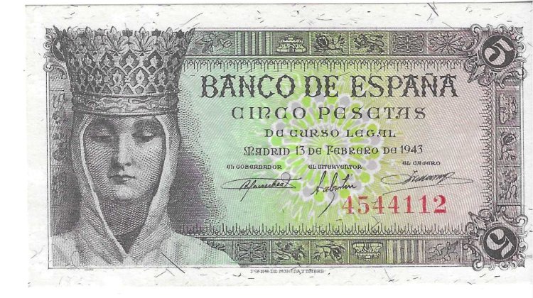 Billetes - EspaÃ±a - Estado EspaÃ±ol (1936 - 1975) - 5 ptas - 458 - SC - Num.ref: 4544112 - sin serie - Click en la imagen para cerrar