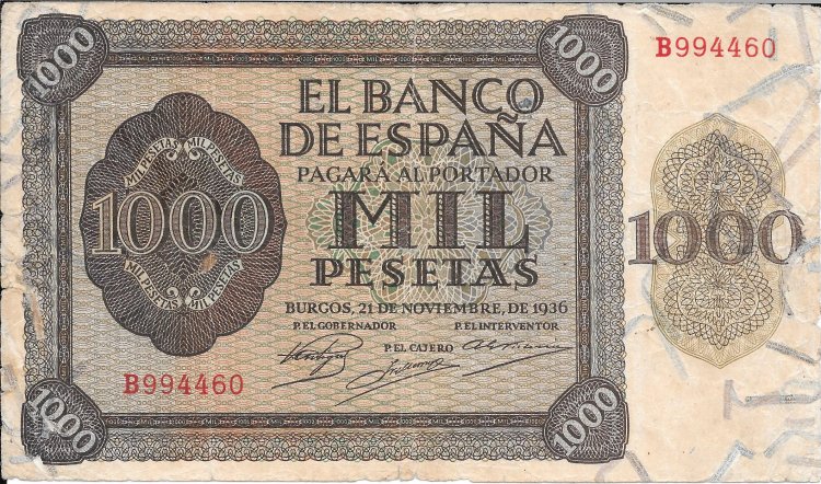 Billetes - EspaÃ±a - Estado EspaÃ±ol (1936 - 1975) - 1000 ptas - 509 - MBC- - 1936 - num ref:B994460 - Click en la imagen para cerrar