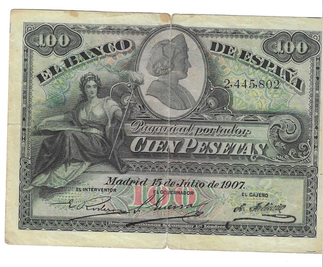 Billetes - EspaÃ±a - Alfonso XIII (1886 - 1931) - 328 - MBC - 1907 - 100 pesetas - Num.ref: 2445802 - Click en la imagen para cerrar