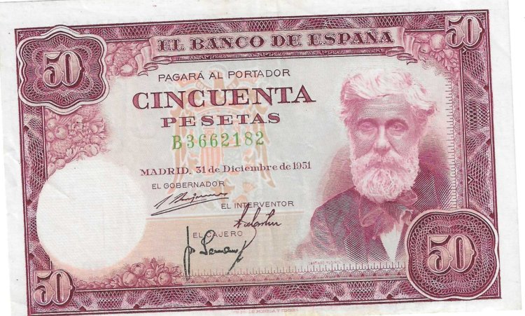 Billetes - EspaÃ±a - Estado EspaÃ±ol (1936 - 1975) - 50 ptas - 483 - EBC - 1951 - Num.ref: B3662182 - Click en la imagen para cerrar