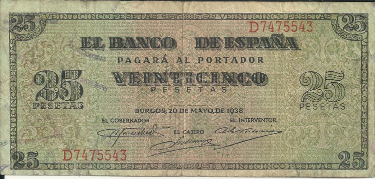 Billetes - España - Estado Español (1936 - 1975) - 25 ptas - 473 - MBC- - Año 1938 (20/05/1938) - num ref: D7475543 - Click en la imagen para cerrar
