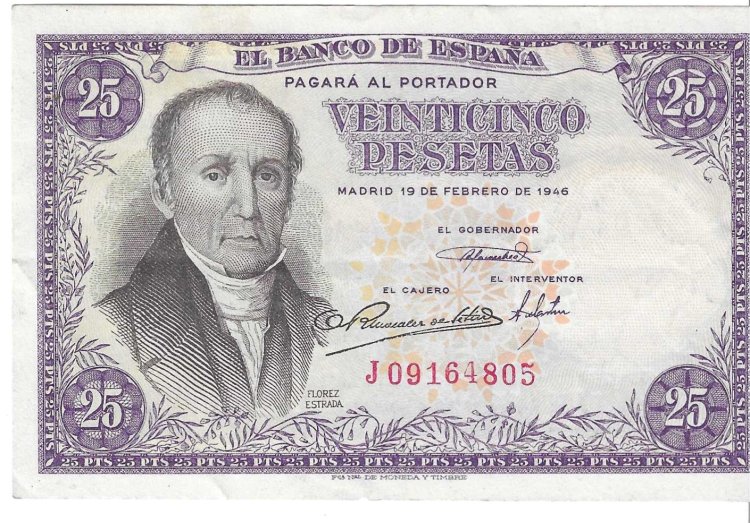 Billetes - EspaÃ±a - Estado EspaÃ±ol (1936 - 1975) - 25 ptas - 476 - EBC+ - 1946 - Num.ref: J09164805 - Click en la imagen para cerrar
