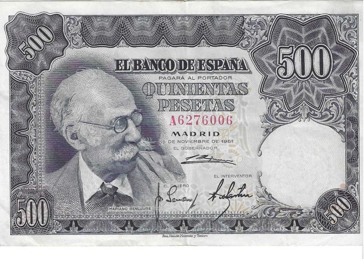 Billetes - EspaÃ±a - Estado EspaÃ±ol (1936 - 1975) - 500 ptas - 504 - MBC+ - 1951 - Num.ref: A6276006 - Click en la imagen para cerrar