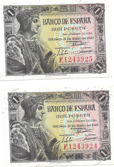 Billetes - EspaÃ±a - Estado EspaÃ±ol (1936 - 1975) - 439 - sc - 1943 - 1 pta - Pareja correlativa - num. ref: E1243924-E1243925 - Click en la imagen para cerrar