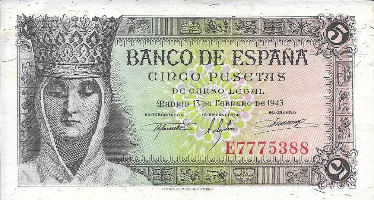 Billetes - España - Estado Español (1936 - 1975) - 5 ptas - 459 - EBC - Año 1943 - num ref: E7775388 - Click en la imagen para cerrar