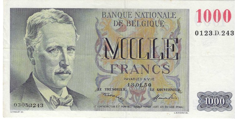 Billetes - Europa - Belgica - 131 - MBC+ - 1950 - 1000 francos - Num.ref: 0123D243 - Click en la imagen para cerrar