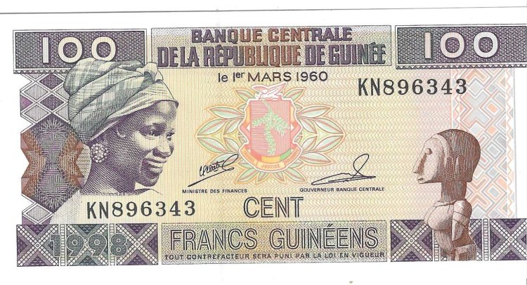 Billetes - Africa - Guinea - 35A - SC - 1998 - 100 francos - Num.ref: KN896343 - Click en la imagen para cerrar