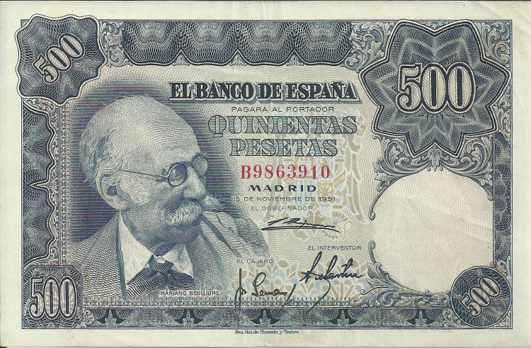 Billetes - España - Estado Español (1936 - 1975) - 500 ptas - 500 - 1 - ebc- - 15/11/1951 - B9863910 - Click en la imagen para cerrar