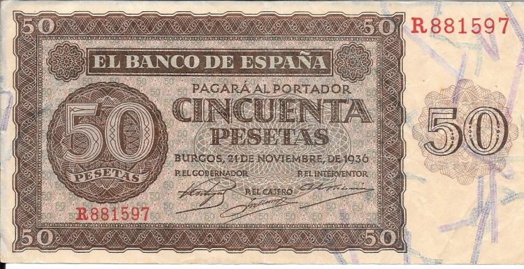 Billetes - España - Estado Español (1936 - 1975) - 50 ptas - 479 - MBC - Año 1936 - num ref: R881597 - Click en la imagen para cerrar
