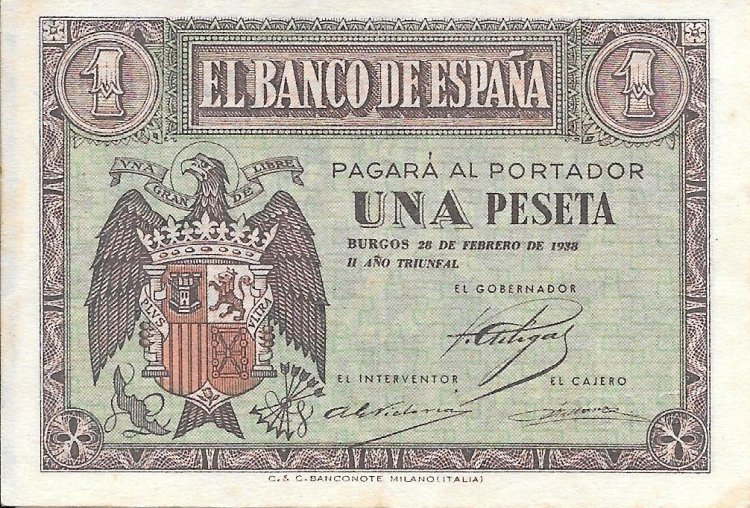 Billetes - EspaÃ±a - Estado EspaÃ±ol (1936 - 1975) - 1 ptas - 431 - ebc - 1938 - Num.ref: B4735389 - Click en la imagen para cerrar
