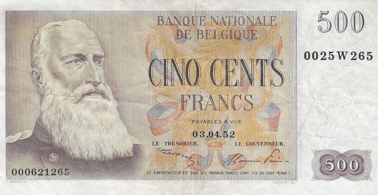 Billetes - Europa - Belgica - 130 - MBC+ - 1952 - 500 francos - Num.ref: 000621265 - Click en la imagen para cerrar