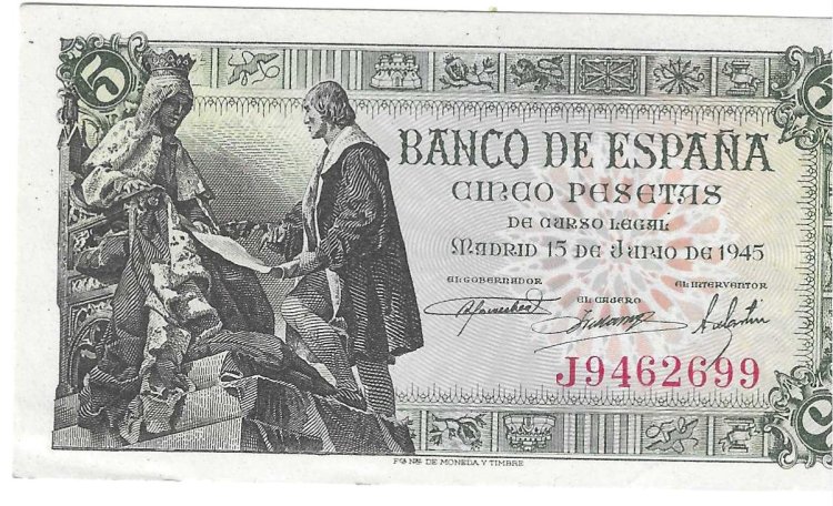 Billetes - EspaÃ±a - Estado EspaÃ±ol (1936 - 1975) - 5 ptas - 461 - SC - 1945 - Num.ref: J9462699 - Click en la imagen para cerrar
