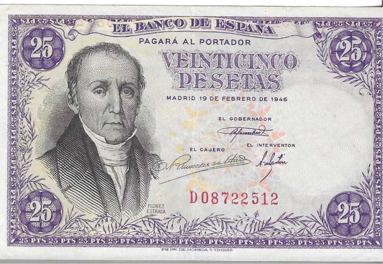 Billetes - EspaÃ±a - Estado EspaÃ±ol (1936 - 1975) - 25 ptas - 476 - EBC+ - 1946 - Num.ref: D08722512 - Click en la imagen para cerrar