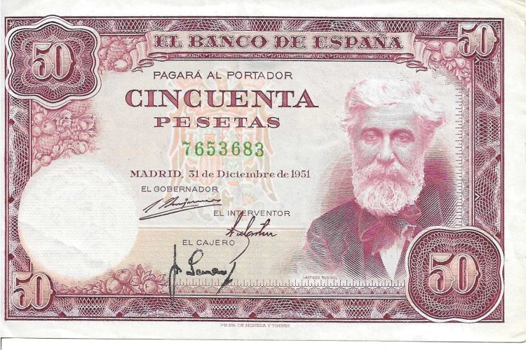 Billetes - EspaÃ±a - Estado EspaÃ±ol (1936 - 1975) - 50 ptas - 482 - MBC - 1951 - Num.ref: 7653683 - Click en la imagen para cerrar