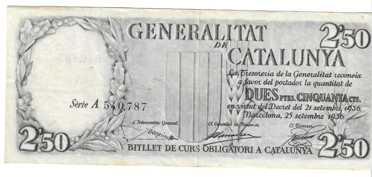 Billetes - EspaÃ±a - II RepÃºblica (1931 - 1939) - Generalitat de Catalunya - 422 - MBC+ - 1936 - 2,5 pesetas - Num.ref: A540787 - Click en la imagen para cerrar