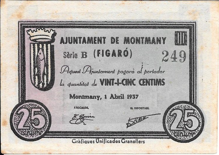 Billetes - EspaÃ±a - II RepÃºblica (1931 - 1939) - Locales - CataluÃ±a - - mbc - 25 ct - Montmany - Num.ref: 249 - Click en la imagen para cerrar