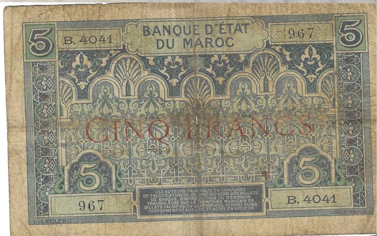 Billetes - Africa - Marruecos - 9 - MBC- 1924 - 5 francos - Num.ref: 967 - Click en la imagen para cerrar