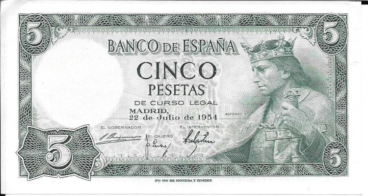 Billetes - España - Estado Español (1936 - 1975) - 5 ptas - 468 - EBC+ - Año 1954 - num ref: 8049337 - Click en la imagen para cerrar
