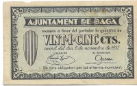 Billetes - EspaÃ±a - II RepÃºblica (1931 - 1939) - Locales - CataluÃ±a - 261 - EBC- - 1937 - Baga - 25 Cts - num ref:7892