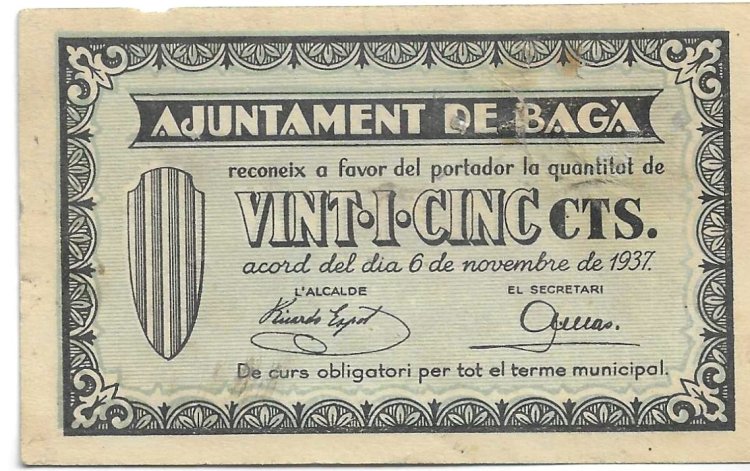 Billetes - EspaÃ±a - II RepÃºblica (1931 - 1939) - Locales - CataluÃ±a - 261 - EBC- - 1937 - Baga - 25 Cts - num ref:7892 - Click en la imagen para cerrar