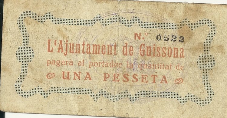 Billetes - España - II República (1931 - 1939) - Locales - Cataluña - bc+ - Guisona - Año 1937 - 1 peseta - Click en la imagen para cerrar