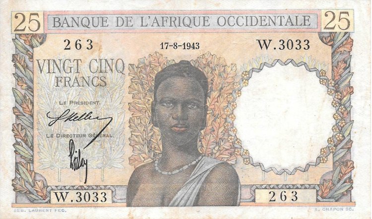 Billetes - Africa - Banco Ãfrica Occidental - 38 - 1943 - 25 Francos - num ref:W3033 - Click en la imagen para cerrar