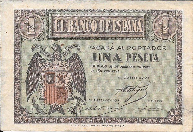 Billetes - EspaÃ±a - Estado EspaÃ±ol (1936 - 1975) - 1 ptas - 432 - mbc - 1938 - Num.ref: G1010927 - Click en la imagen para cerrar